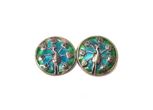 Four Liberty & Co silver, blue and green enamelled buttons, each decorated with a stylized bird in display, all detailed L & Co, Cymric, two Birmingha