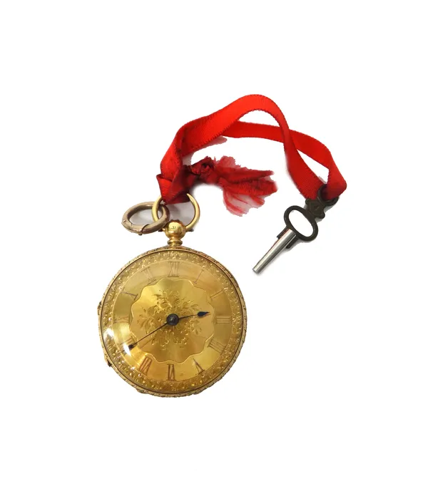 An 18ct gold cased, key wind openfaced fob watch, the gilt movement detailed to the backplate Jas Ritchie & Son, Edinburgh 2650 and 46630, 18ct gold i