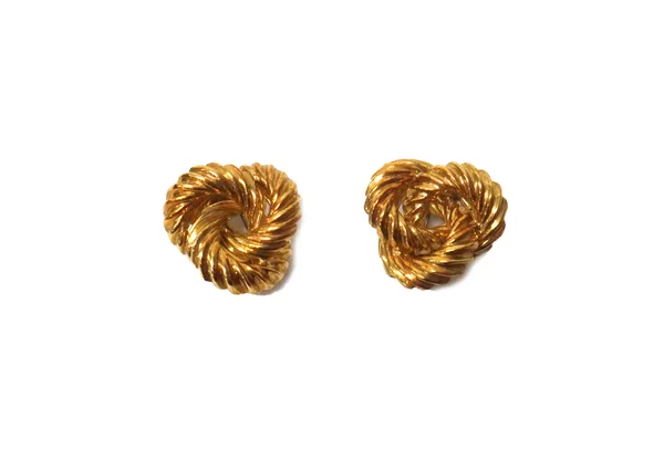 A pair of 18ct gold earclips, each in a triple hoop shaped design, with ridged decoration, combined weight 14.5 gms, with a case.