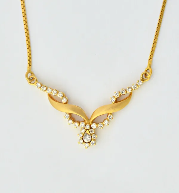 A gold and diamond necklace, the front in a scroll pierced, openwork design, having a textured finish mounted with circular cut diamonds, on a gold bo