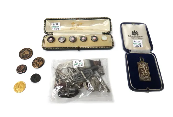 A group of mostly silver and vertu, including; a cornelian fob seal, an agate seal, five opal set buttons and another button, with a case, a rectangul