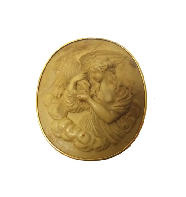 A gold mounted oval lava cameo brooch, detailed to the back Hebe Perotti Graveur de Lave Rue J.Laurie N 88 Naples.