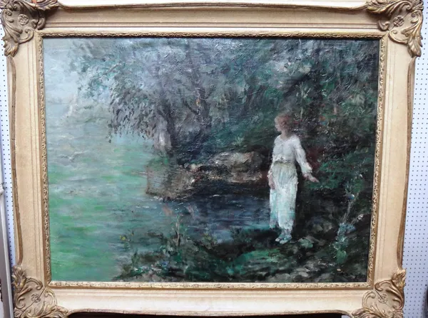 Aurel Naray (Hungarian, 1883-1948),  Lady by a lake, oil on canvas, signed lower right, 58cm x 77cm.  H12