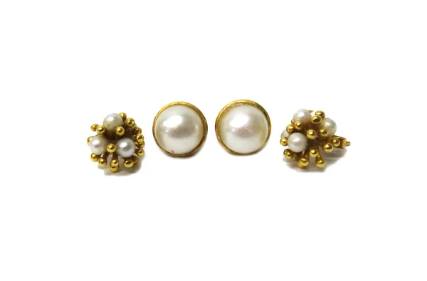 A pair of 18ct gold and cultured pearl earstuds, in a post and beaded cluster design, the backs with post and butterfly clip fittings and a pair of go