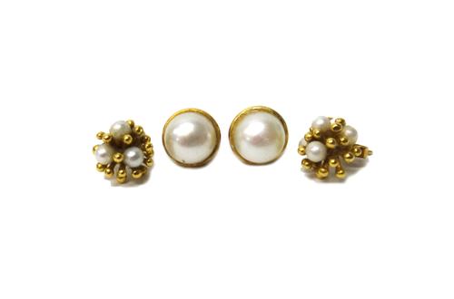 A pair of 18ct gold and cultured pearl earstuds, in a post and beaded cluster design, the backs with post and butterfly clip fittings and a pair of go