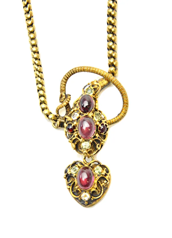 A Victorian gold, carbuncle garnet, chrysolite and gem set necklace, the front clasp formed as an entwined snake, having a gem set head, with a locket