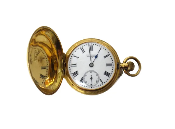 A gold hunting cased, keyless wind, lady's fob watch, the gilt jewelled movement detailed Swiss Made, compensating balance, the meridian, the inner an