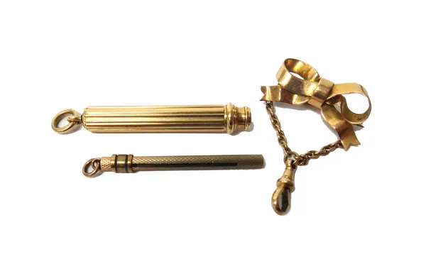 A S. Mordan & Co gold cased slide action pencil, with banded decoration, fitted with a suspension ring, a 9ct gold slide action tooth pick, with engin