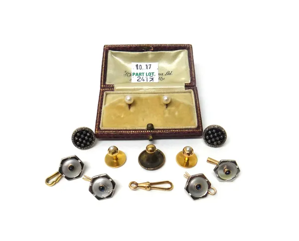 A pair of gold and cultured pearl dress studs, with a case, a pair of rose diamond and blue enamelled dress buttons converted for wear as earstuds, th