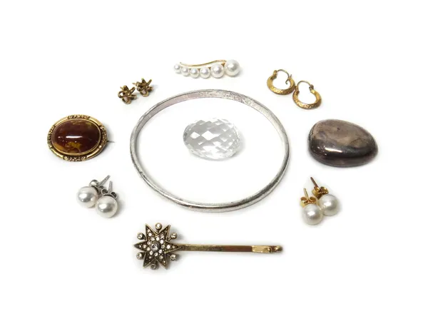 A silver Links of London bangle, text engraved, a pair of 9ct gold hoop shaped earrings, a pair of 9ct gold earstuds, two pairs of cultured pearl ears