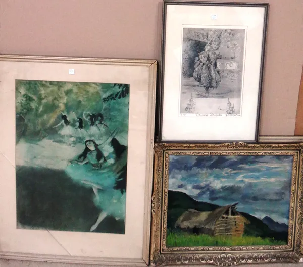 A group of three, including a 20th century oil of a hut in a landscape, a print after Degas and an etching of a Siamese dancer.(3)   G12