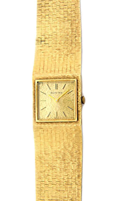 A Bueche-Girod 9ct gold gentleman's square cased bracelet wristwatch, with a signed circular jewelled movement, the signed textured gilt square dial w
