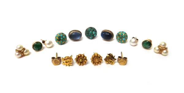 A pair of gold and jade single stone ear studs, each of circular form, the backs with post and butterfly clip fittings, seven further pairs of ear stu