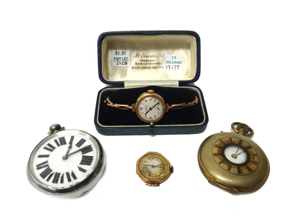 A gentleman's silver cased, interior keyless wind, openfaced pocket watch, the winding mechanism obscuring the movement, the enamelled dial with bold