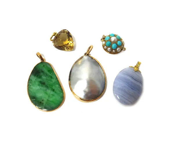 A gold mounted jade pendant with carved and pierced decoration, a pale blue stained agate oval pendant, a mabe pearl oval pendant, a faceted citrine h