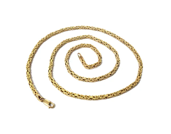 A 9ct gold Byzantine link neckchain, on a sprung hook shaped clasp, length 55 cms, weight 27.5 gms, with a case.