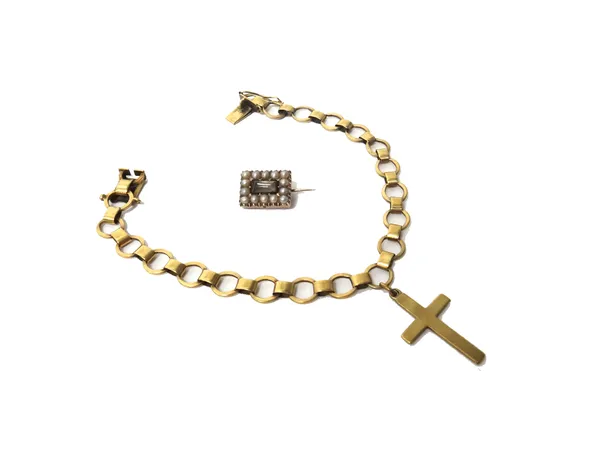 A gold bracelet in a circular and oval link design, on a snap clasp, fitted with a 9ct gold plain pendant cross and a gold and half pearl set rectangu