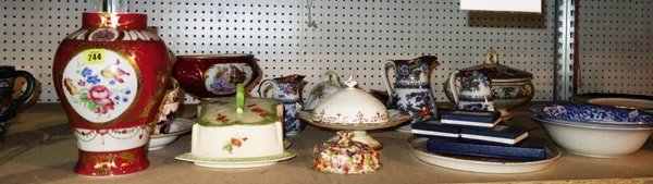 Ceramics, including; Victorian transfer printed jugs, a Spode blue and white jug, cheese dishes and sundry, (qty).   S1T