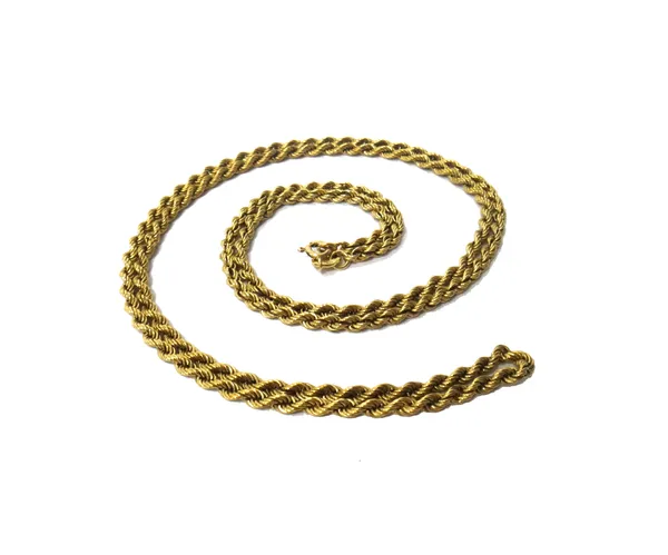 A 9ct gold ropetwist link neckchain, on a boltring clasp, detailed '10K', weight 16.7 gms.