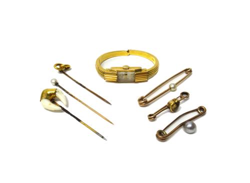 A lady's Baume & Mercier wristwatch, numbered to the case back 543191 and 20237, together with three stick pins and three brooches, gross combined wei