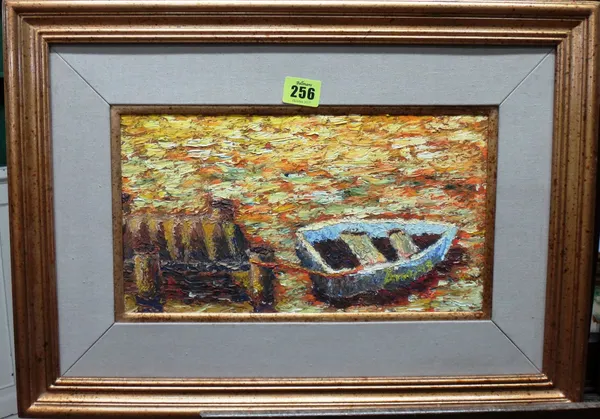R. J. Thompson (20th century), Rowing boat, oil on board, inscribed on reverse, 18cm x 32cm.  30  G10