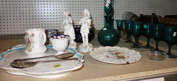 Ceramics and glass, comprising; two Meissen style figures, a green glass decanter and glasses, a porcelain tray, plates, cups and sundry, (qty).  S1T