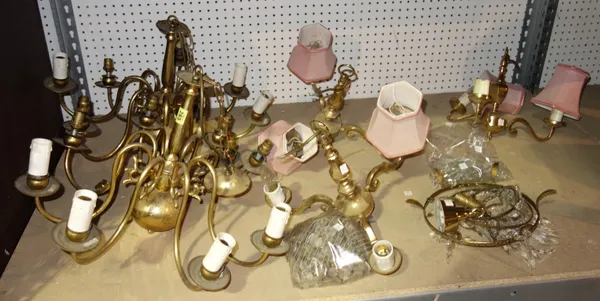A quantity of brass and glass light fittings, chandeliers and sundry, (qty).   S2B