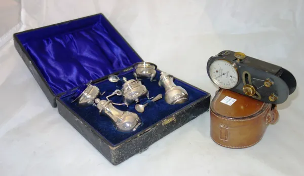 A cased silver condiment set and an 'Own Topometer' measuring tool, (2).  CAB