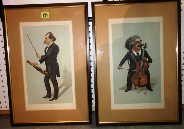 Vanity Fair; A pair of prints, a great Cellist, Edward Strauss, a hand coloured print 'A view of Richmond from the river', another 'Berkeley Square',