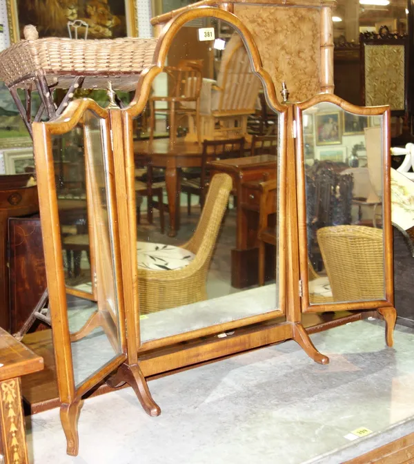 A walnut triptych mirror, a walnut stool, an oak stool and a gout stool, (4).  H8