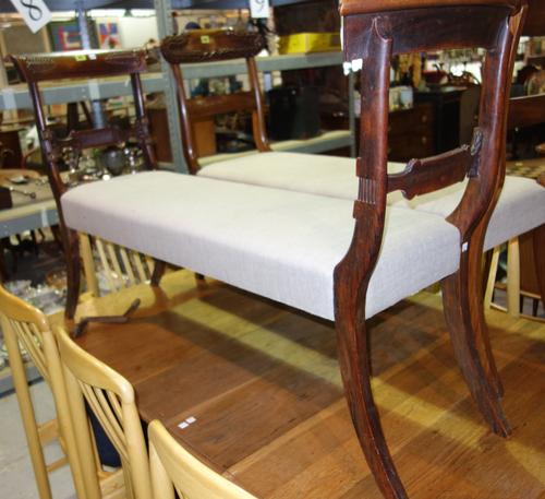 A double ended window seat, formally two bar back dining chairs, with grey upholstery, 141cm wide.   H2