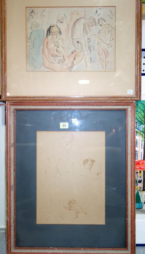 British School (20th century), A nursing mother and other figures, pen, ink and wash, bears initial and date 1948, 23cm x 33cm; together with a print