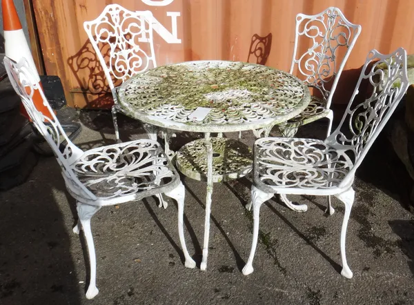 A 20th century white painted aluminium garden table with four chairs, (5).  OUT