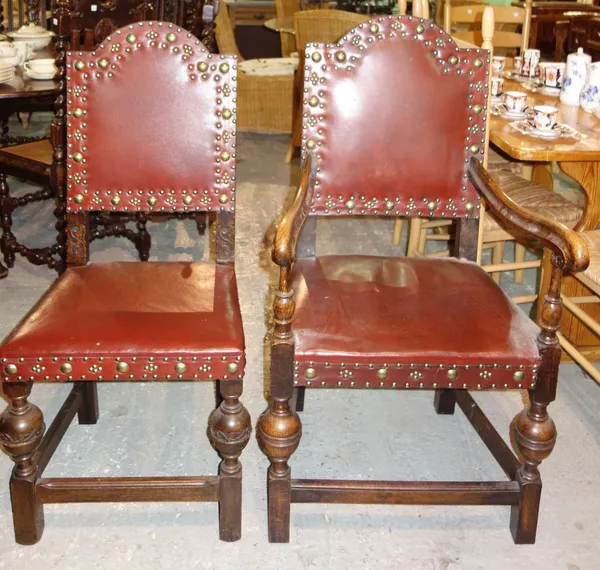 A set of eight 17th century style oak leather backed dining chairs, (8).     F6