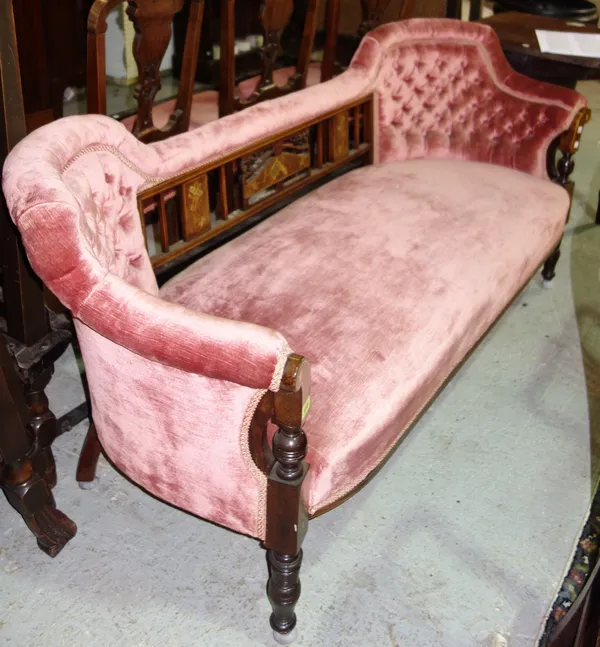 An Edwardian mahogany and marquetry salon suite, with pink upholstery, (4).    K6
