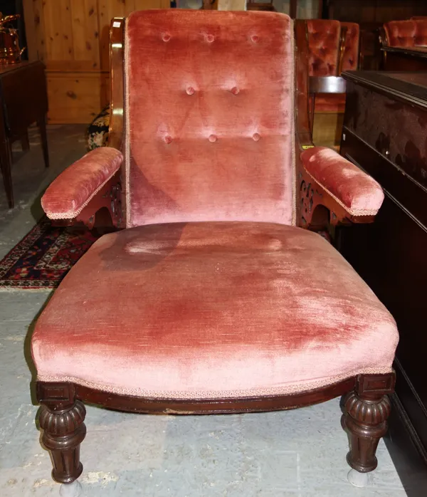 A set of five Victorian mahogany chairs, with pink upholstery, together with an armchair, (6).      K9