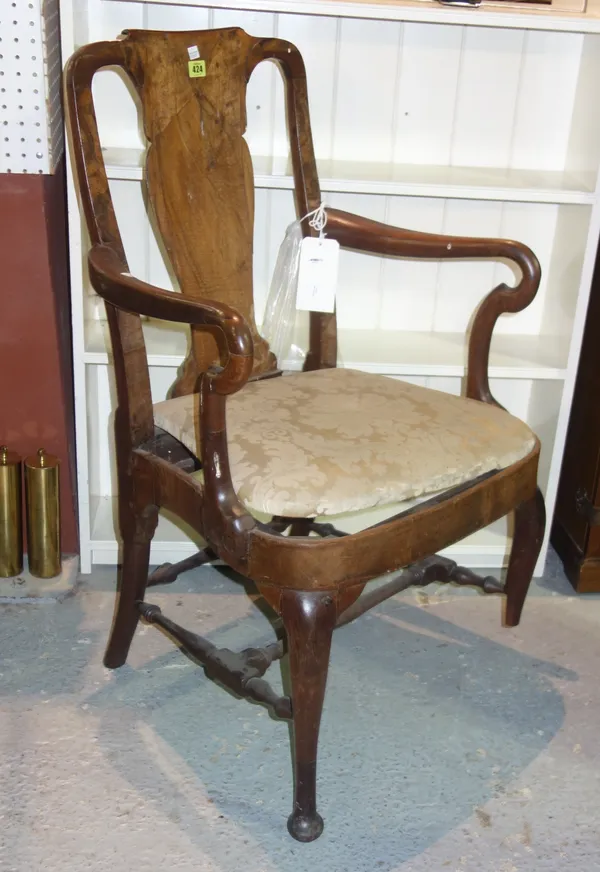 An 18th century and later walnut vase back open armchair, 65cm wide.  H4