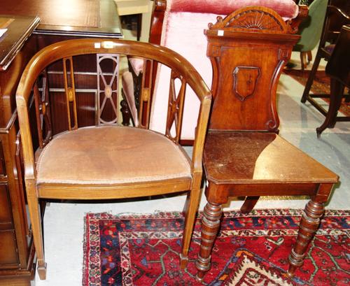A Victorian mahogany hall chair and a mahogany tub back chair, (2).   J8