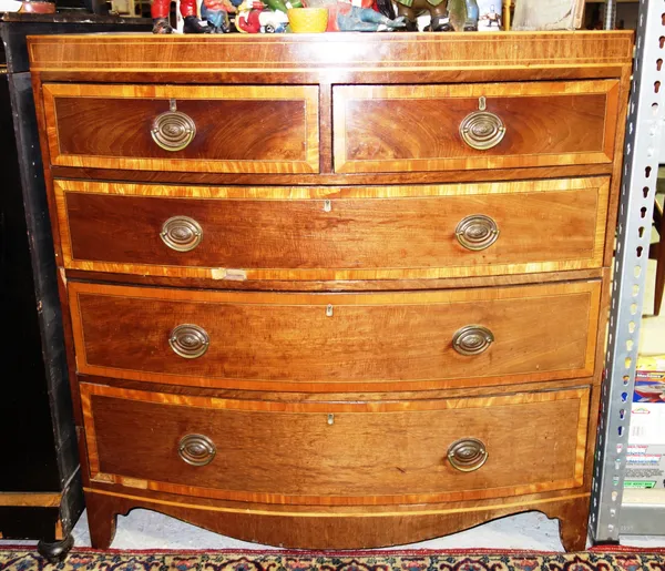 A 19th century mahogany bowfront chest of two short and three long drawers, 107cm wide.  G4