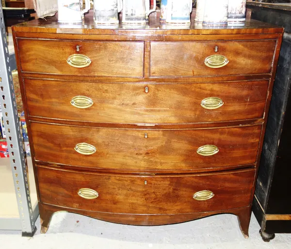 A Regency mahogany bowfront chest of two short and three long graduated drawers, on splayed bracket feet, 104cm wide.  G13