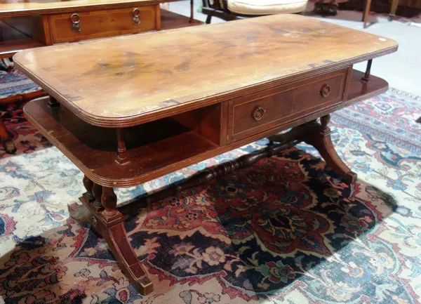 A pair of 20th century Regency style yew low tables, 107cm wide x 55cm high, (2).  J4