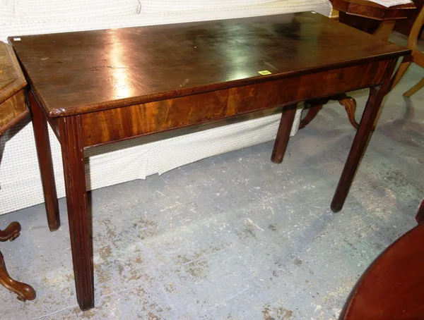A 19th century mahogany side table on square moulded supports, 120cm wide x 72cm high.   E7