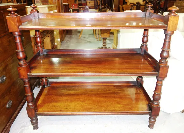 A 19th century mahogany three tier buffet on turned supports, 122cm wide x 105cm high.   C8