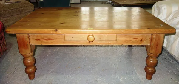 A 20th century pine rectangular coffee table, with single drawer, 121cm wide x 48cm high.  D7