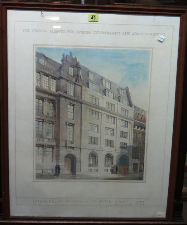 A. Betts (early 20th century), Architect's prospect for Extension of offices, Great Peter Street, SW1, watercolour, signed, 44cm x 36cm.  I1