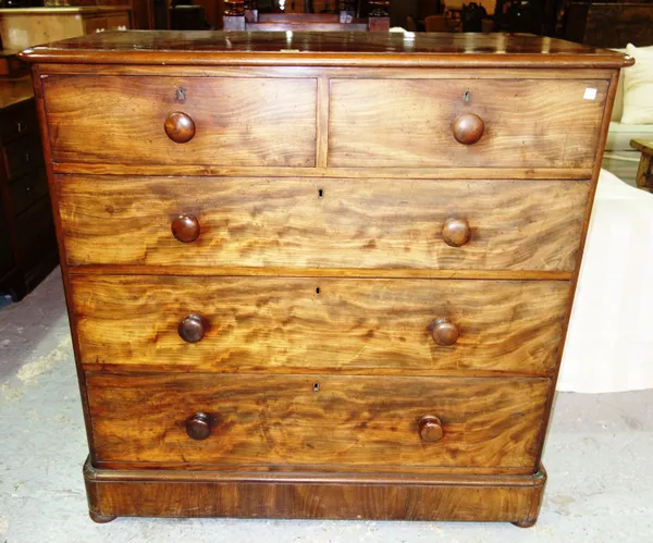 A 19th century mahogany chest of two short and three long drawers, with bun handles, 104cm wide x 105cm high.   C10