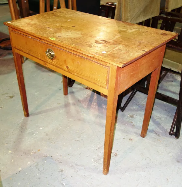 A Victorian pine single drawer side table, 89cm wide x 74cm high.   B4