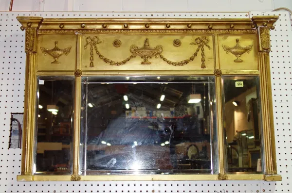 A Regency gilt framed triple plate overmantel wall mirror, 107cm wide. A9