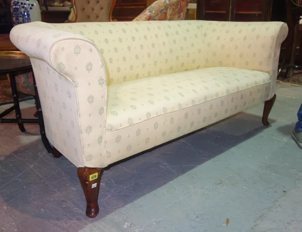 A 19th century mahogany framed two seat sofa with roll over arms, on squat cabriole supports, 154cm wide.  E4
