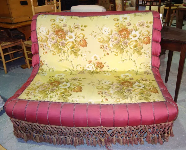A French silk floral upholstered sofa, with woven fringe.  C7